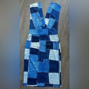 Patchwork Denim Look Wrap Fitted Halter Dress Size 3XL